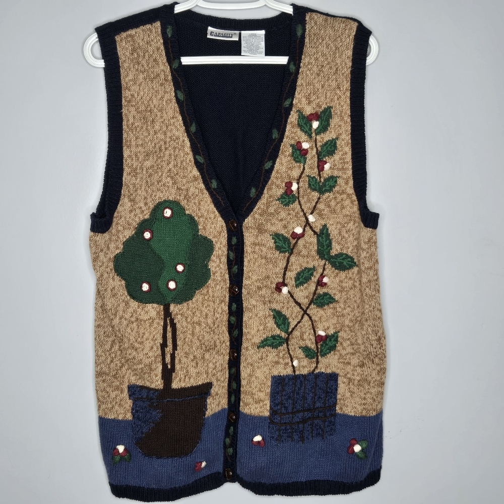 VTG Novelty Knit Vest Apple Plant‎ Autumn Harvest Embroidered Cottagecore Large